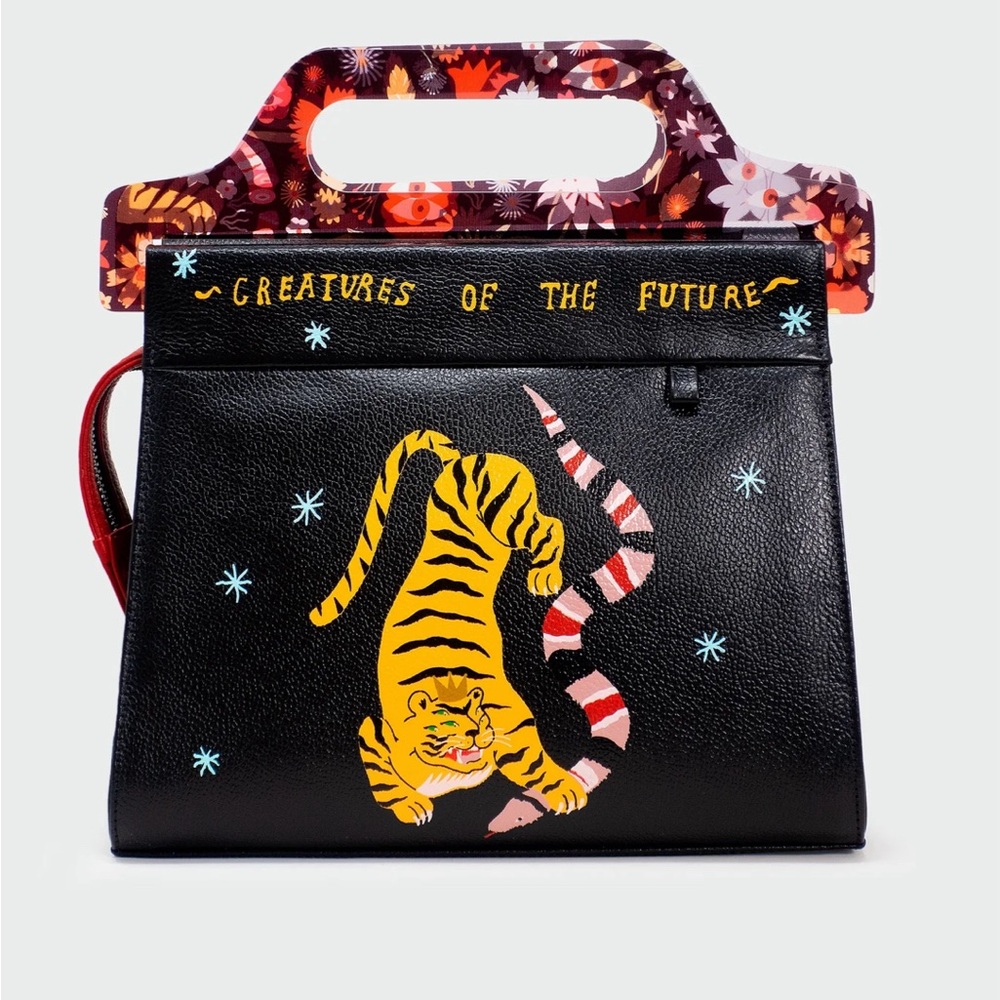 Vali Black Leather Crossbody Handbag Plastic Handle - Tiger And Snake Print